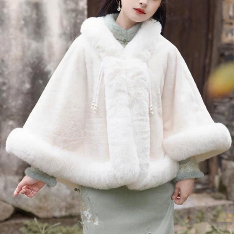 Vuneni ogrtač s flisa podstavom i kragnom od umjetne krzna, elegantan ženski stil, univerzalna duljina (Materijal: vuna; Pletenje: Twill; Uzorak: Monokroman; Obrada: Jacquard; Sezona: jesen/zima)