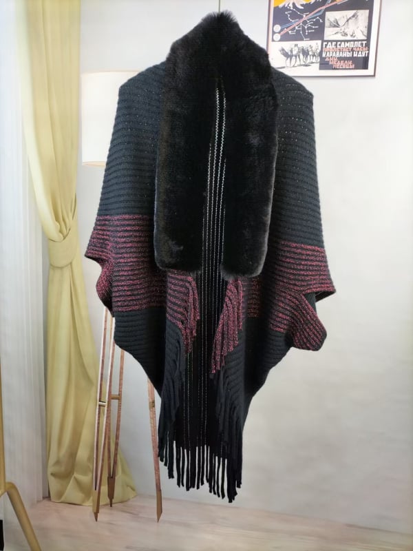 Ženski kaput-šal s resicama i kragnom od umjetnog kašmira, batwing rukavi, pleteni materijal, warp pletenje, tie-dye, korejski stil, proljeće 2025
