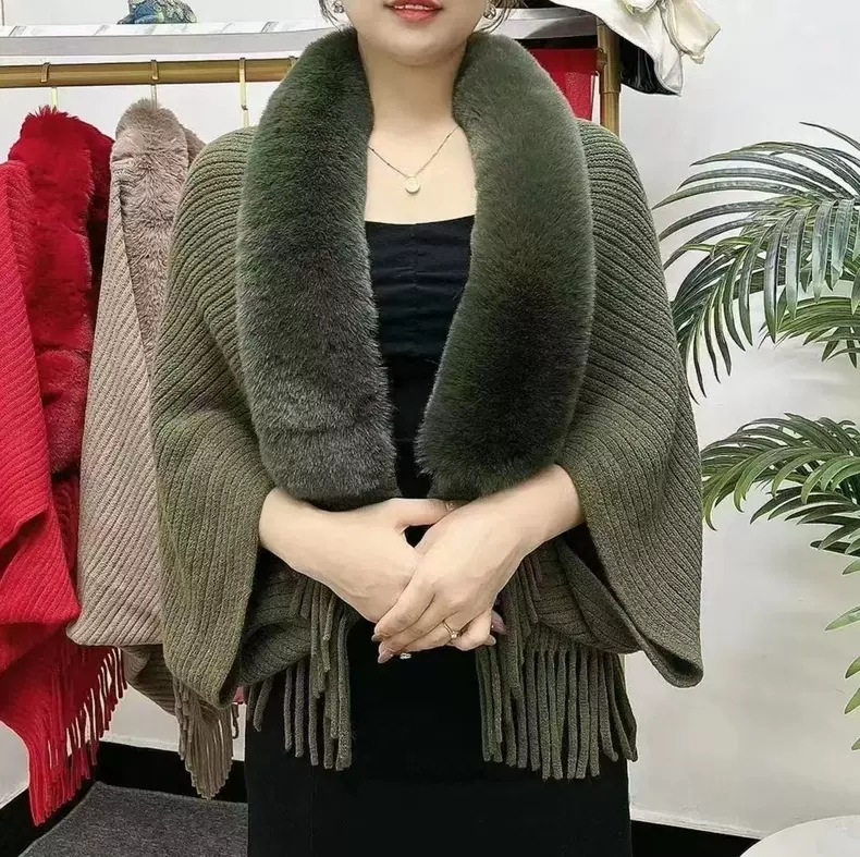 Ženski kaput-šal s resicama i kragnom od umjetnog kašmira, batwing rukavi, pleteni materijal, warp pletenje, tie-dye, korejski stil, proljeće 2025