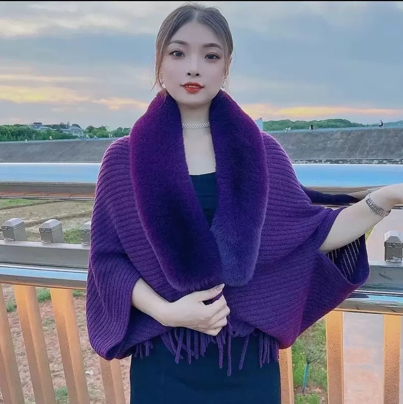 Ženski kaput-šal s resicama i kragnom od umjetnog kašmira, batwing rukavi, pleteni materijal, warp pletenje, tie-dye, korejski stil, proljeće 2025