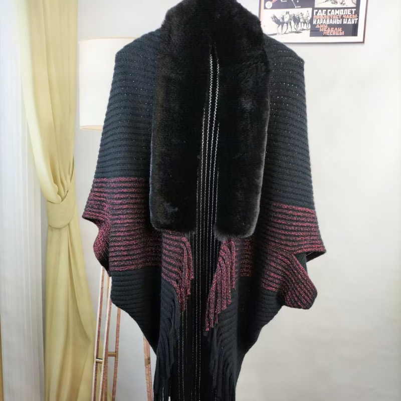 Ženski kaput-šal s resicama i kragnom od umjetnog kašmira, batwing rukavi, pleteni materijal, warp pletenje, tie-dye, korejski stil, proljeće 2025