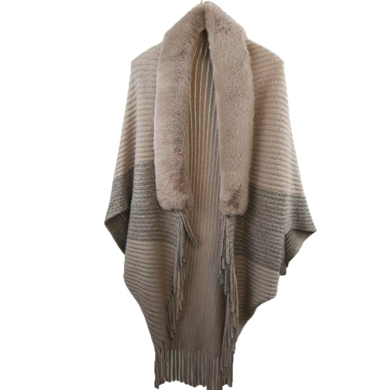Ženski kaput-šal s resicama i kragnom od umjetnog kašmira, batwing rukavi, pleteni materijal, warp pletenje, tie-dye, korejski stil, proljeće 2025