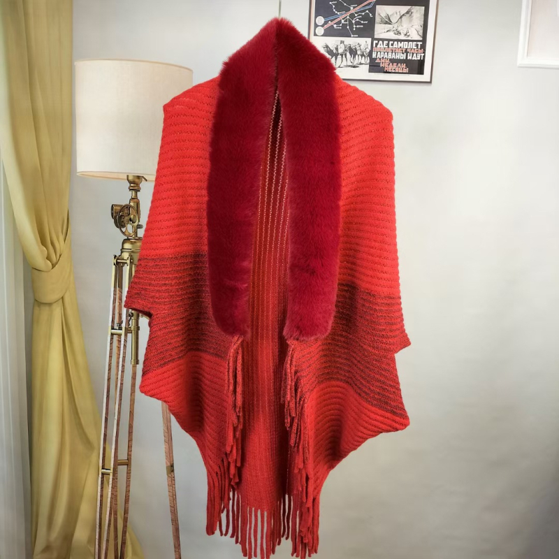 Ženski kaput-šal s resicama i kragnom od umjetnog kašmira, batwing rukavi, pleteni materijal, warp pletenje, tie-dye, korejski stil, proljeće 2025