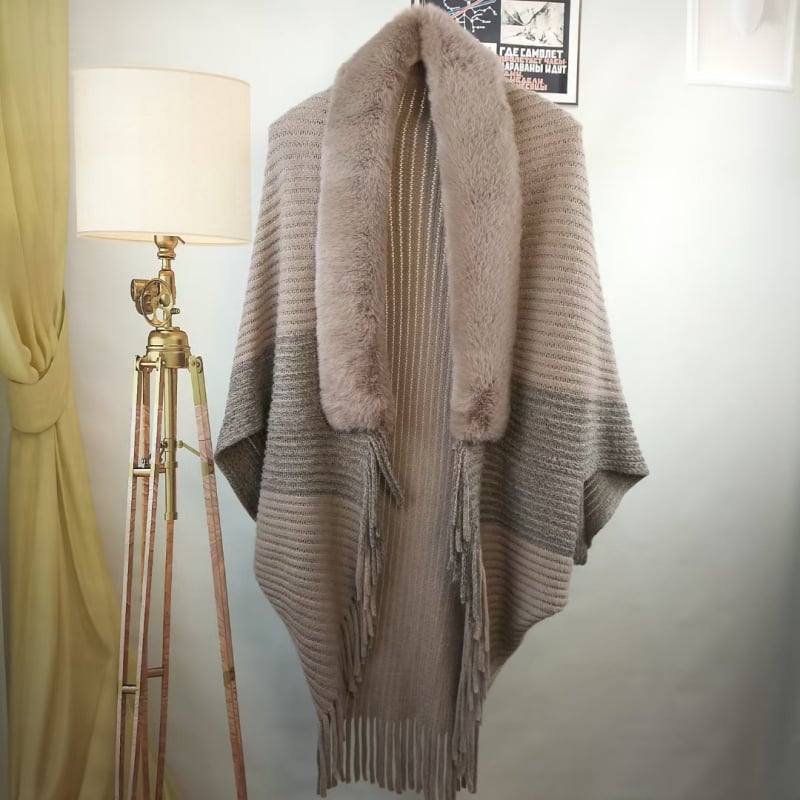 Ženski kaput-šal s resicama i kragnom od umjetnog kašmira, batwing rukavi, pleteni materijal, warp pletenje, tie-dye, korejski stil, proljeće 2025