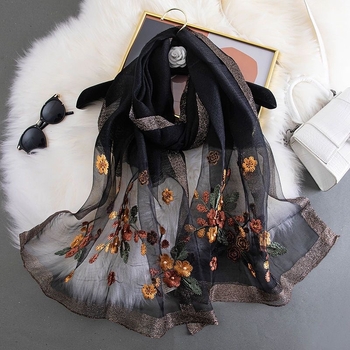 Selyemsál Begónia hímzett motívummal, satén szövés, 51–60% selyemtartalom, művészi retro és etnikus kínai stílus, nyárra