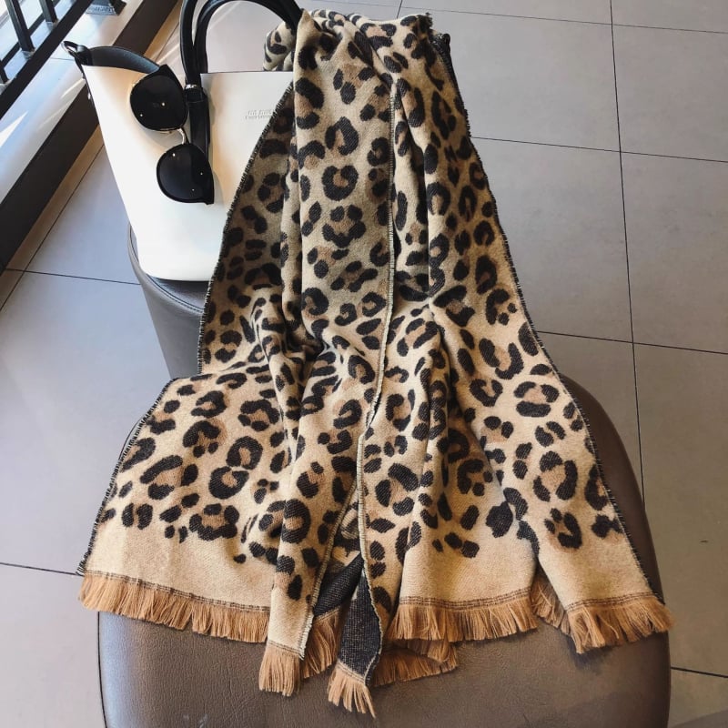 Šal s leopardim uzorkom, dvostrani, s resicama, jednostavan pleteni, topao zimski dodatak — imitacija kašmira (polietester) s viskozom ≤10%