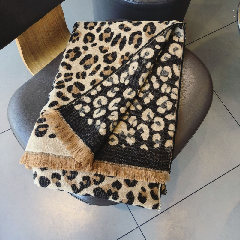 Šal s leopardim uzorkom, dvostrani, s resicama, jednostavan pleteni, topao zimski dodatak — imitacija kašmira (polietester) s viskozom ≤10%