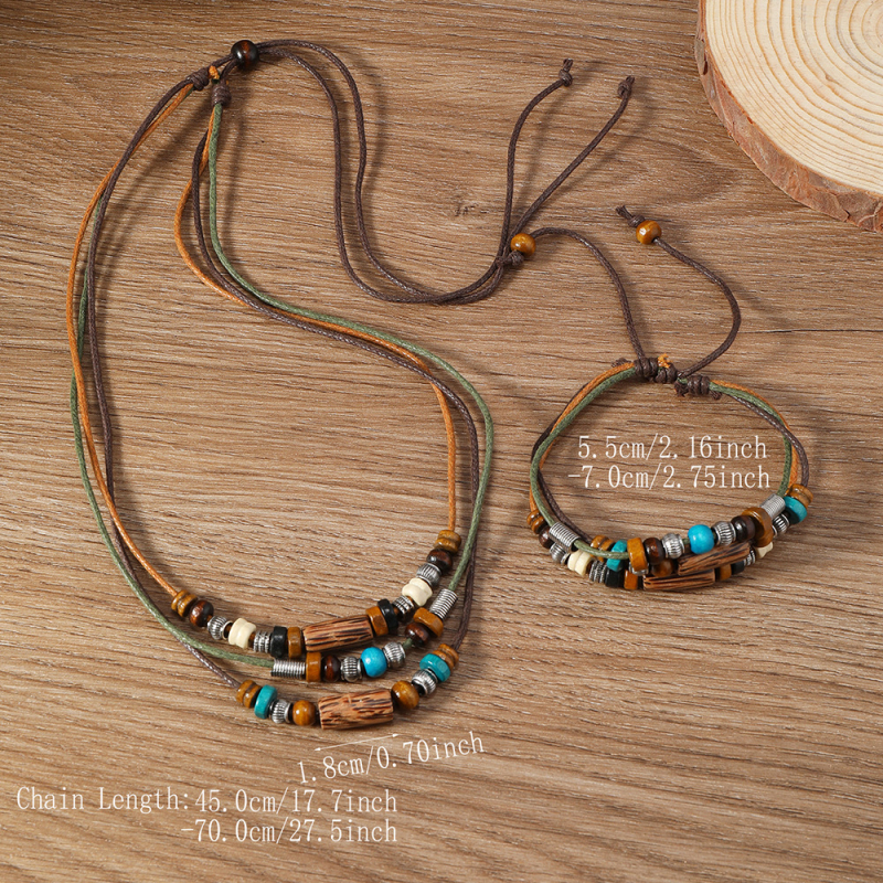 Set unisex vintage: colier și brățară din mărgele, lemn, țesut manual, mai multe straturi, reglabil, design geometric