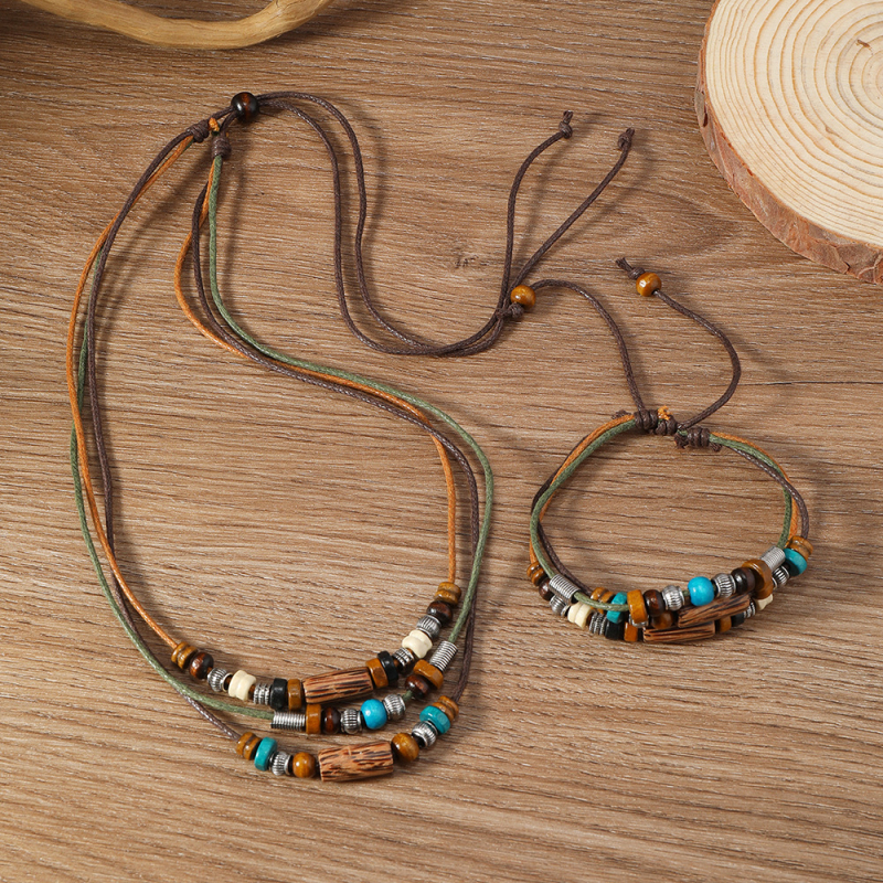 Set unisex vintage: colier și brățară din mărgele, lemn, țesut manual, mai multe straturi, reglabil, design geometric