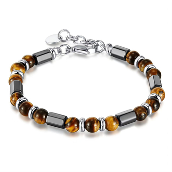 Brățară pentru bărbați din piatră ochi de tigru cu mărgele pe lanț — finisaj prin metodă antic, brand Sweet Tea, accesorii pentru mână, stil masculin, personal