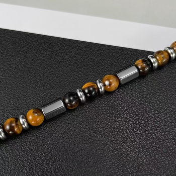Brățară pentru bărbați din piatră ochi de tigru cu mărgele pe lanț — finisaj prin metodă antic, brand Sweet Tea, accesorii pentru mână, stil masculin, personal