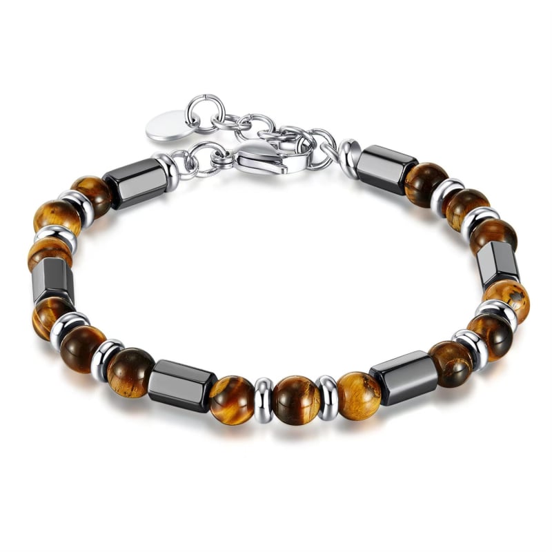 Brățară pentru bărbați din piatră ochi de tigru cu mărgele pe lanț — finisaj prin metodă antic, brand Sweet Tea, accesorii pentru mână, stil masculin, personal