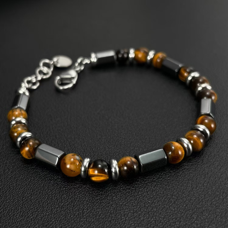 Brățară pentru bărbați din piatră ochi de tigru cu mărgele pe lanț — finisaj prin metodă antic, brand Sweet Tea, accesorii pentru mână, stil masculin, personal