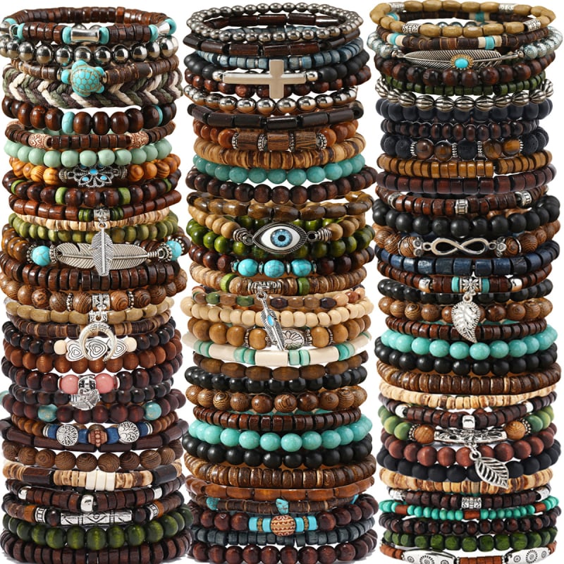 Set od 41 komada narukvica od drvenih perli, ručna izrada, unisex, vintage stil, književni retro, Qingfang Jewelry, ljeto 2024