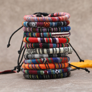 Kézzel szőtt karkötő, bohém etnikus stílus, uniszex, geometriai dizájn (Anyag: textil zsinór; Kézzel készült; 12 darabos készlet)