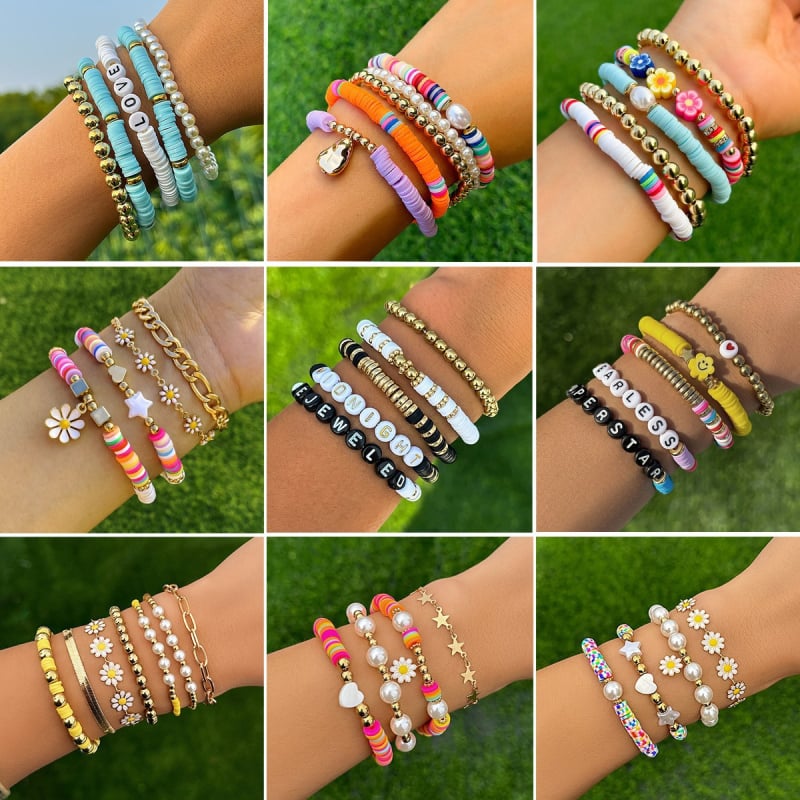 Set brățări – perle artificiale, realizare manuală, stil feminin pastoral, design floral-geometric, boem