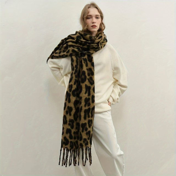 Șal leopard cu ciucuri, 100% poliester, imprimeu, tricotaj, căldură de iarnă