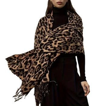 Șal leopard cu ciucuri, 100% poliester, imprimeu, tricotaj, căldură de iarnă