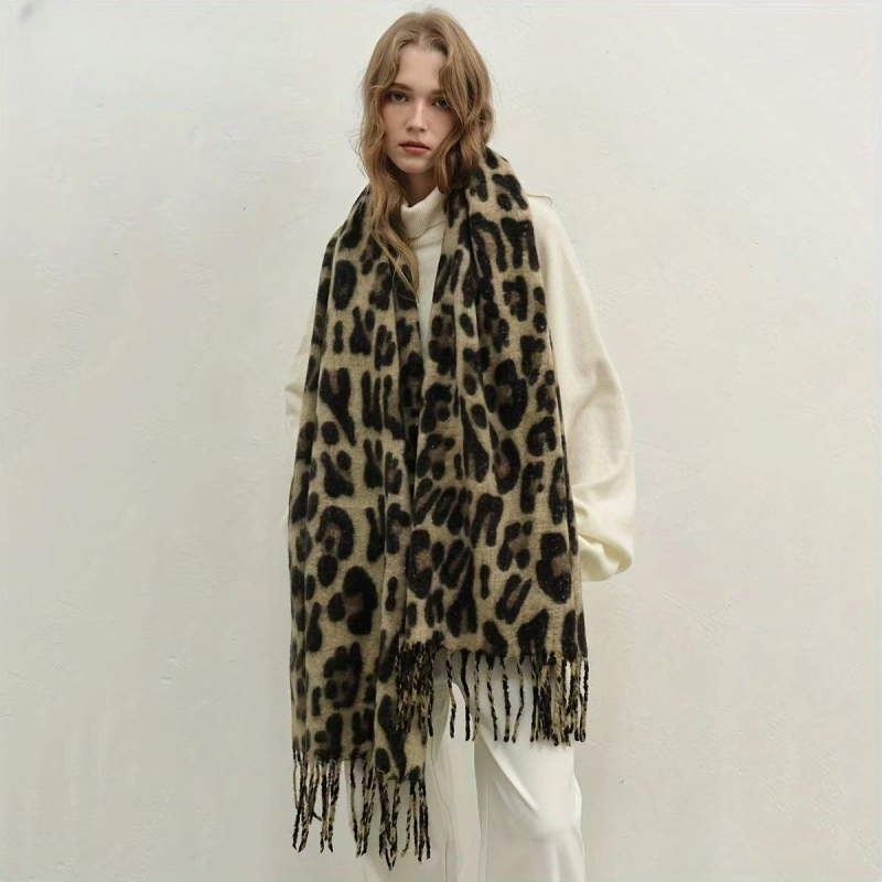 Șal leopard cu ciucuri, 100% poliester, imprimeu, tricotaj, căldură de iarnă