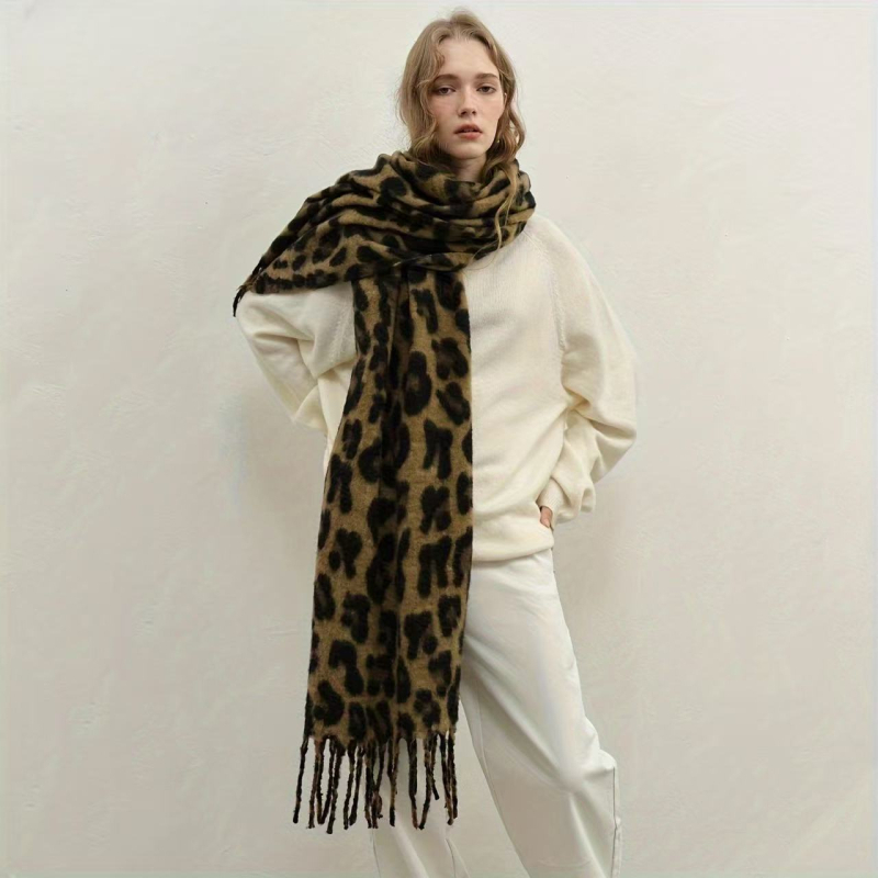 Șal leopard cu ciucuri, 100% poliester, imprimeu, tricotaj, căldură de iarnă
