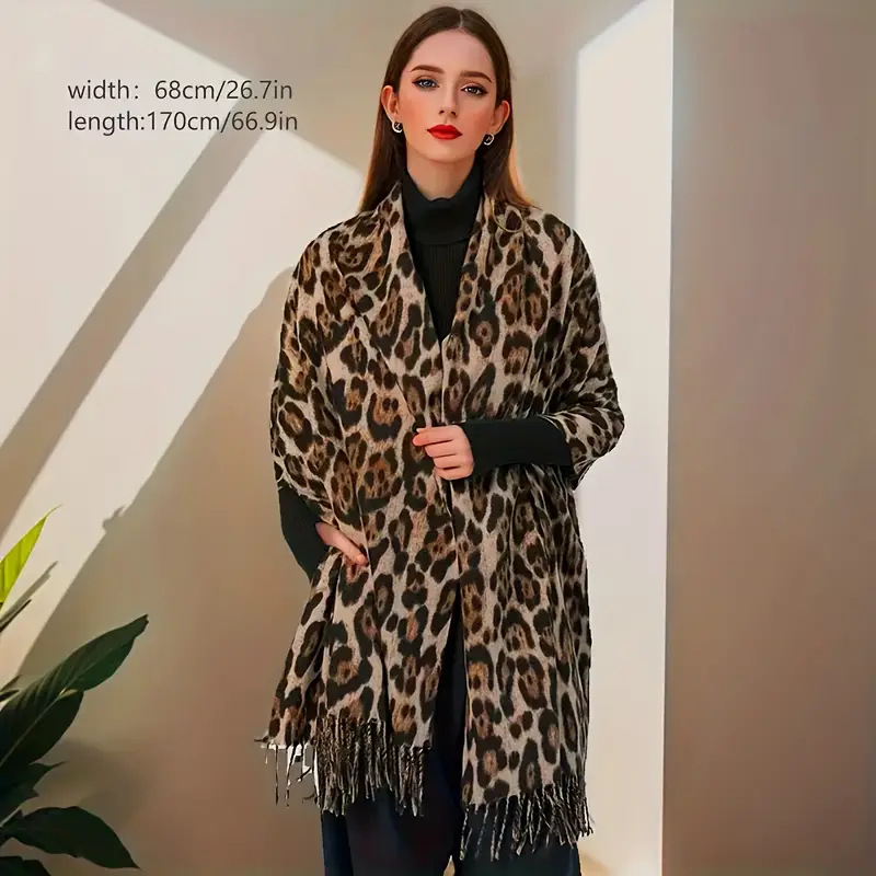 Șal leopard cu ciucuri, 100% poliester, imprimeu, tricotaj, căldură de iarnă