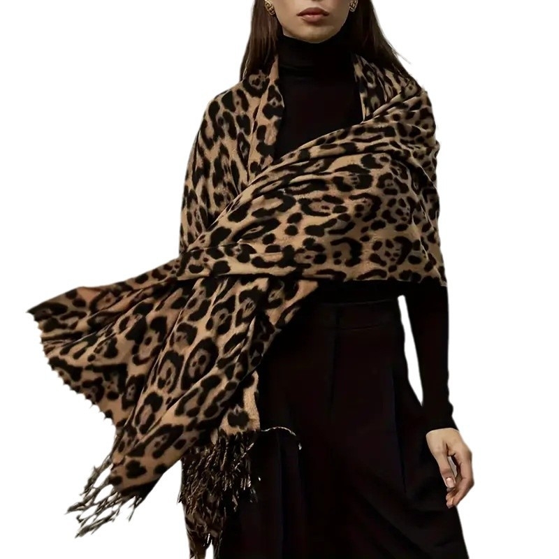 Șal leopard cu ciucuri, 100% poliester, imprimeu, tricotaj, căldură de iarnă