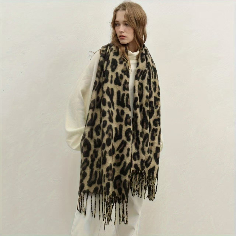 Șal leopard cu ciucuri, 100% poliester, imprimeu, tricotaj, căldură de iarnă