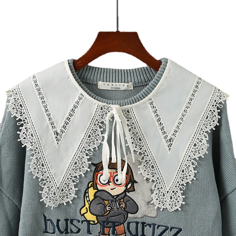 Odvojivi ovratnik s monokromskim vezom i vodotopivom čipkom, pamuk Twill, japansko-korejski sladki stil
