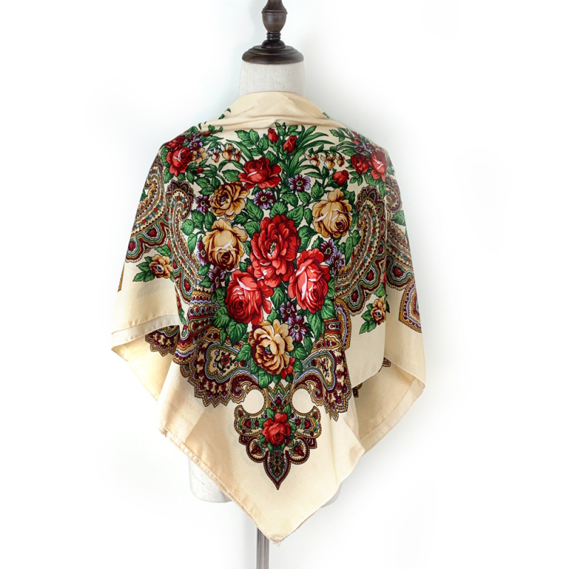 Virágmintás kendő, poliészter, warp kötés, Xinjiang négyszögletes retró stílus, nyomtatott