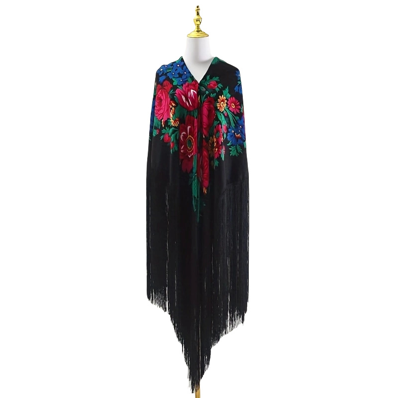 Šal s motivom božura i dugim resicama, retro etnički stil Xinjiang; 100% poliester, twill tkanje, topao, za sve sezone