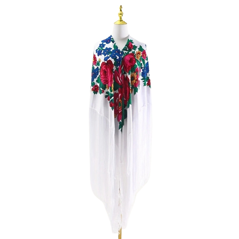 Šal s motivom božura i dugim resicama, retro etnički stil Xinjiang; 100% poliester, twill tkanje, topao, za sve sezone