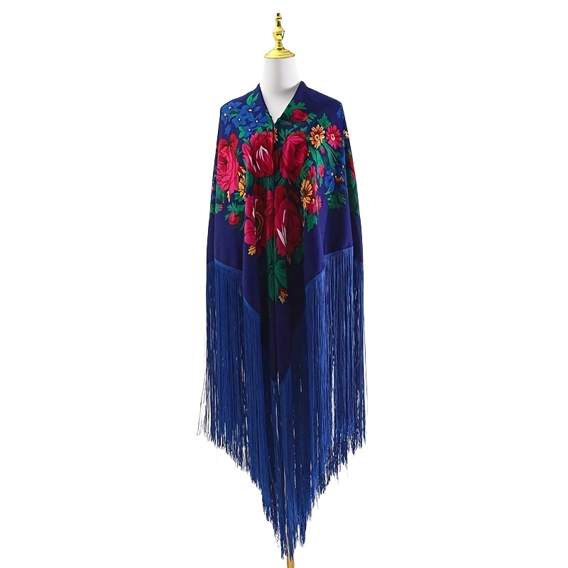 Šal s motivom božura i dugim resicama, retro etnički stil Xinjiang; 100% poliester, twill tkanje, topao, za sve sezone