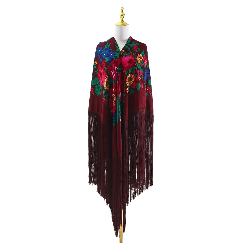 Šal s motivom božura i dugim resicama, retro etnički stil Xinjiang; 100% poliester, twill tkanje, topao, za sve sezone