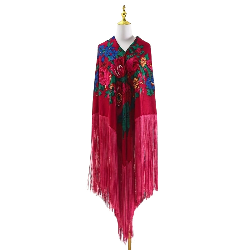 Šal s motivom božura i dugim resicama, retro etnički stil Xinjiang; 100% poliester, twill tkanje, topao, za sve sezone