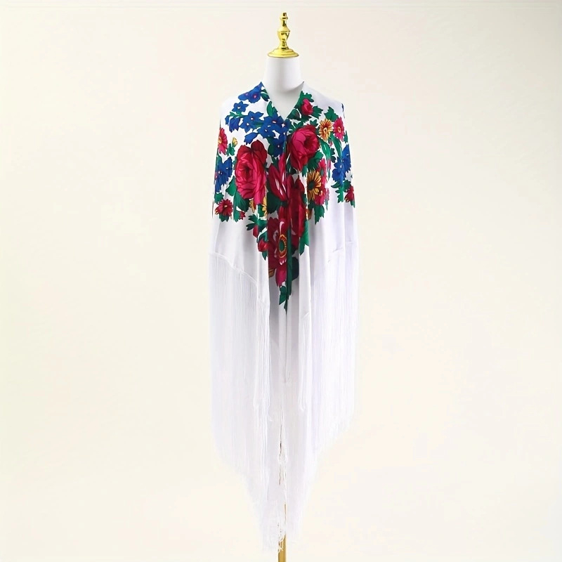 Šal s motivom božura i dugim resicama, retro etnički stil Xinjiang; 100% poliester, twill tkanje, topao, za sve sezone