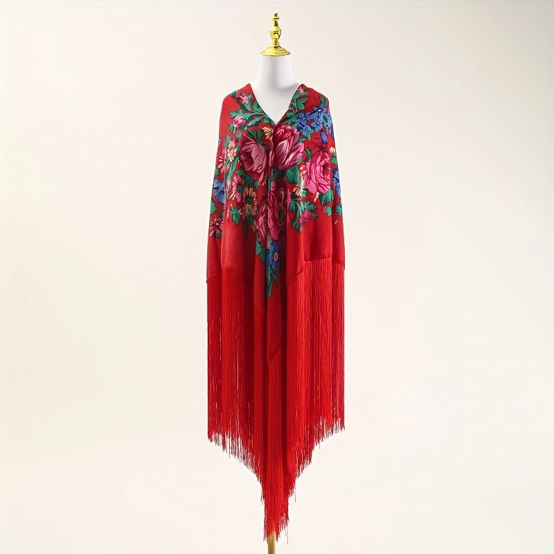 Šal s motivom božura i dugim resicama, retro etnički stil Xinjiang; 100% poliester, twill tkanje, topao, za sve sezone
