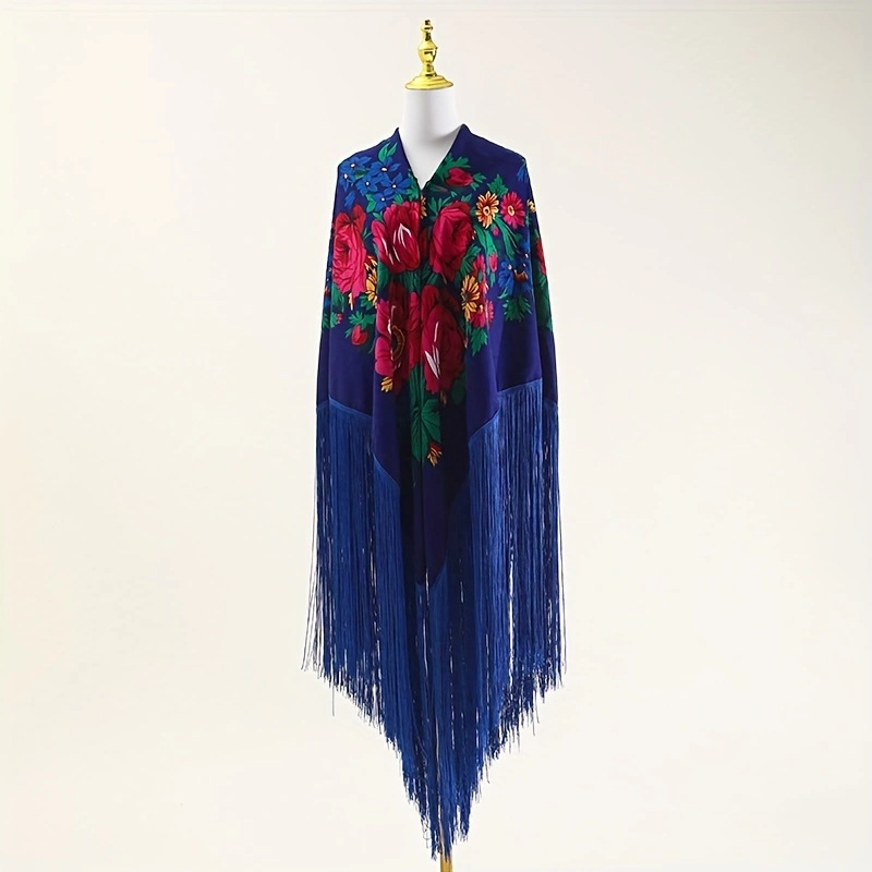 Šal s motivom božura i dugim resicama, retro etnički stil Xinjiang; 100% poliester, twill tkanje, topao, za sve sezone