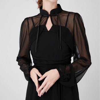 Chiffon blúz sálkendővel és dekoratív hamis gallérral, kínai stílusú gombos részletek, egyszínű mintázat (Anyag: Chiffon; Mintázat: Egyszínű; Stílus: Elegáns társasági nő; Funkció: Díszítés; Szezon: Nyár)