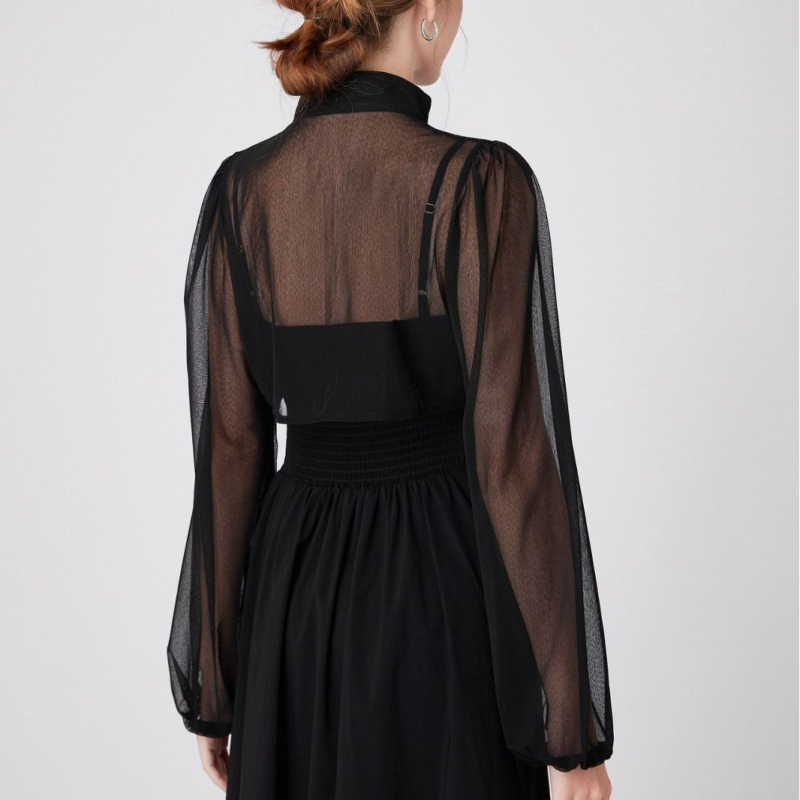 Chiffon blúz sálkendővel és dekoratív hamis gallérral, kínai stílusú gombos részletek, egyszínű mintázat (Anyag: Chiffon; Mintázat: Egyszínű; Stílus: Elegáns társasági nő; Funkció: Díszítés; Szezon: Nyár)