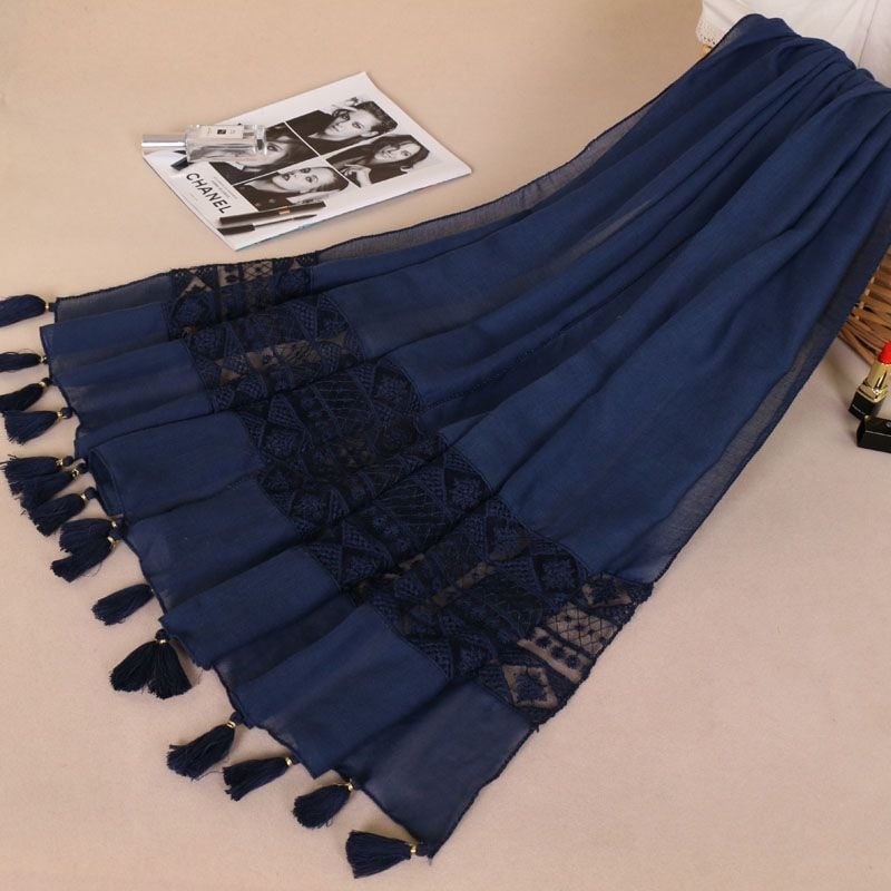 Ženski šal s čipkom i resicama, pamuk i lan smjesa, ravna tkanina, patchwork, BS529, dugi stil princeze