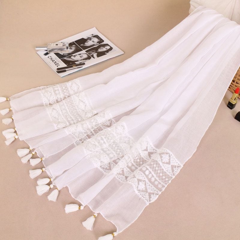Ženski šal s čipkom i resicama, pamuk i lan smjesa, ravna tkanina, patchwork, BS529, dugi stil princeze