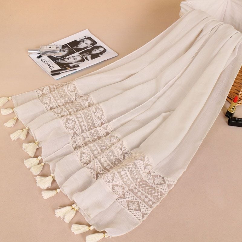 Ženski šal s čipkom i resicama, pamuk i lan smjesa, ravna tkanina, patchwork, BS529, dugi stil princeze