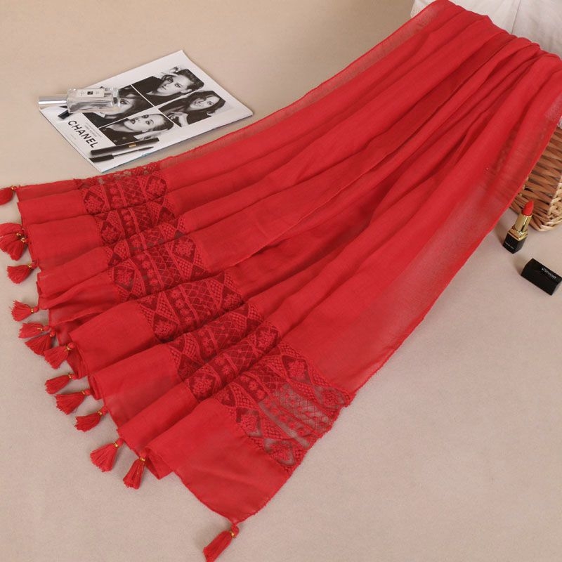 Ženski šal s čipkom i resicama, pamuk i lan smjesa, ravna tkanina, patchwork, BS529, dugi stil princeze