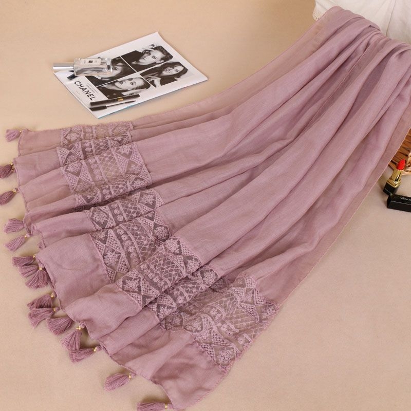 Ženski šal s čipkom i resicama, pamuk i lan smjesa, ravna tkanina, patchwork, BS529, dugi stil princeze