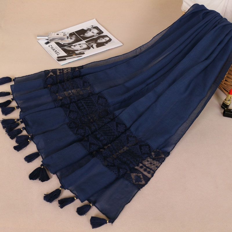 Ženski šal s čipkom i resicama, pamuk i lan smjesa, ravna tkanina, patchwork, BS529, dugi stil princeze