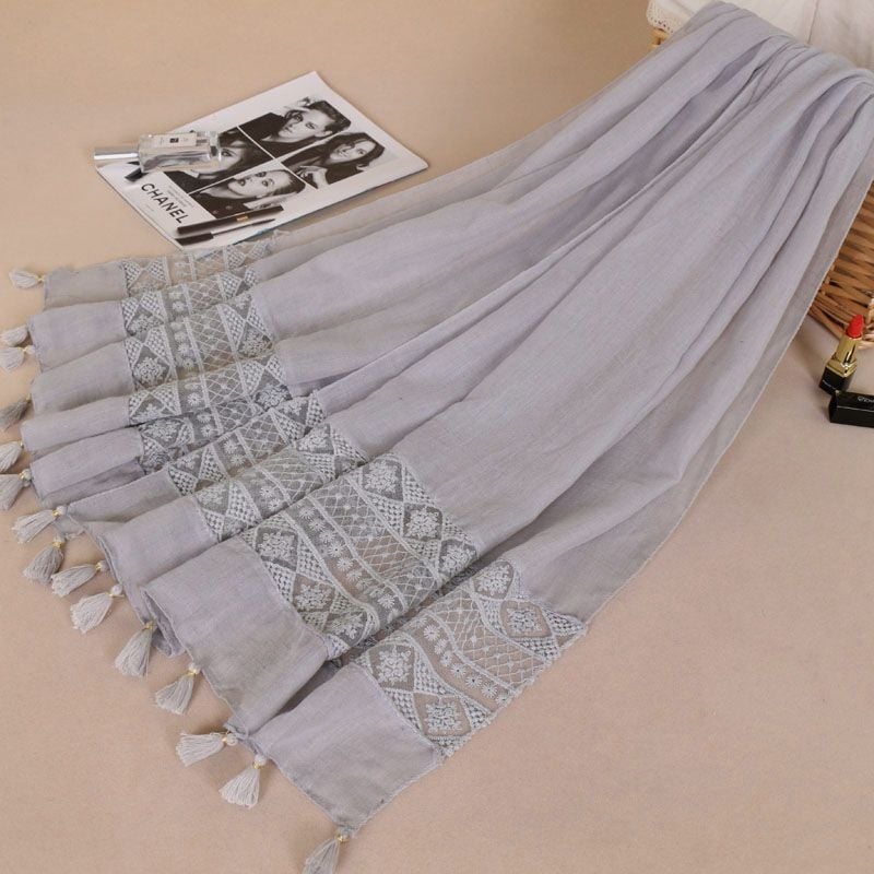 Ženski šal s čipkom i resicama, pamuk i lan smjesa, ravna tkanina, patchwork, BS529, dugi stil princeze