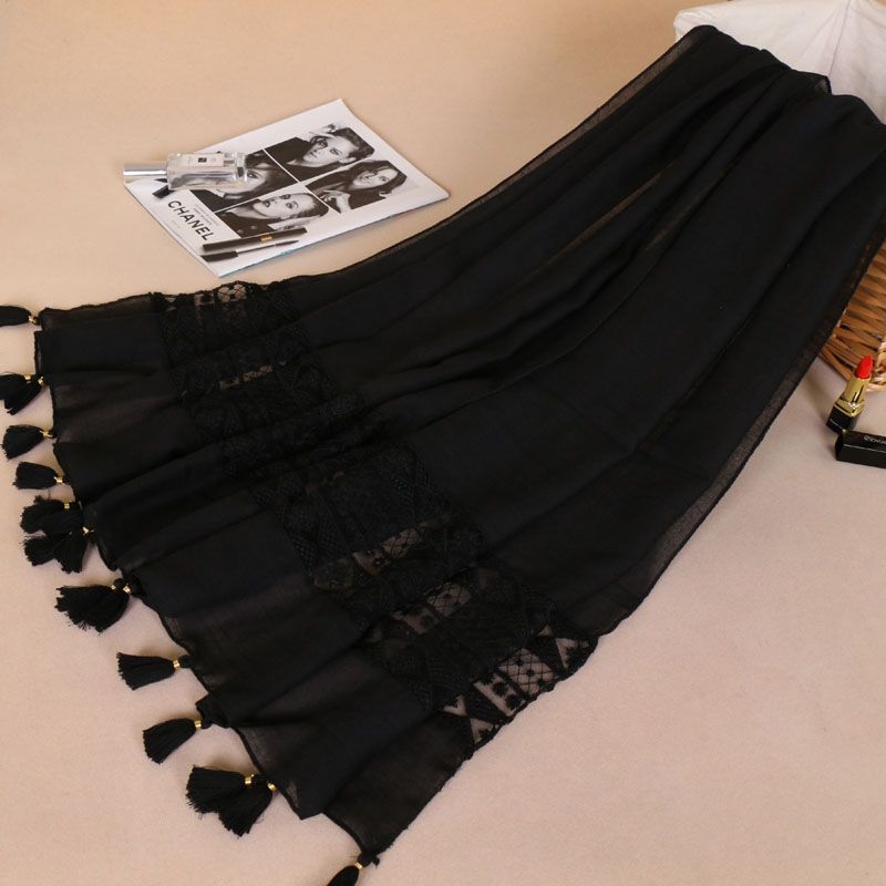 Ženski šal s čipkom i resicama, pamuk i lan smjesa, ravna tkanina, patchwork, BS529, dugi stil princeze