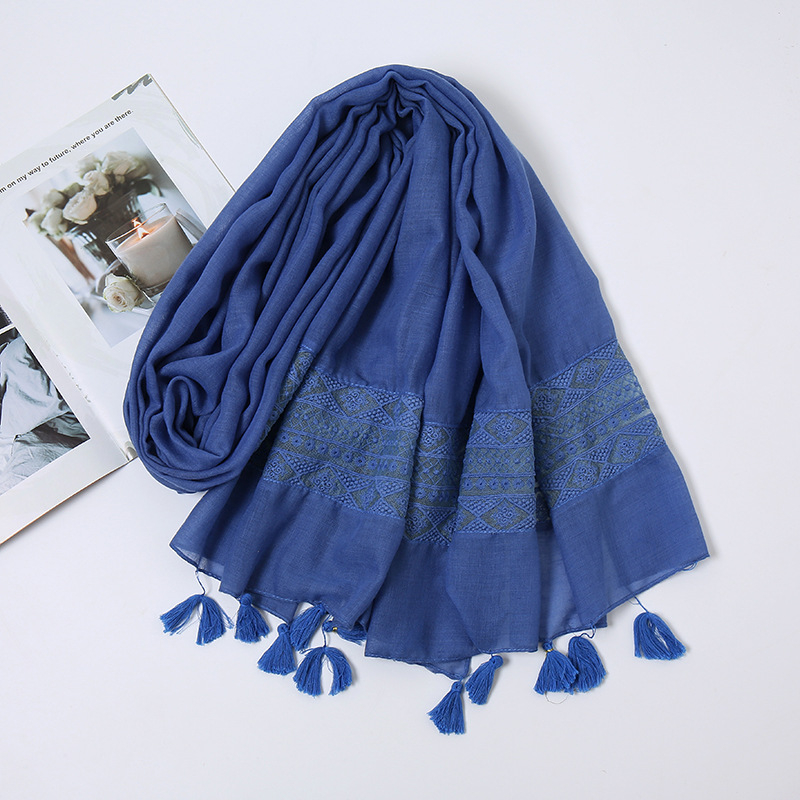 Ženski šal s čipkom i resicama, pamuk i lan smjesa, ravna tkanina, patchwork, BS529, dugi stil princeze