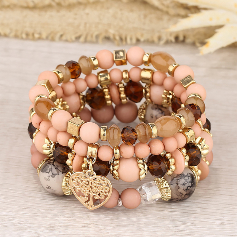 Бохемска стъклена гривна, многоетажна, унисекс, с кристални прасковено-сърцевидни мъниста и електроплатено покритие