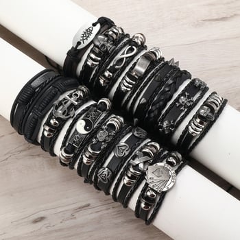 Set narukvica s privjescima od legure s motivom lubanje, ručna izrada, materijal Cortex, 16-dijelna kožna kolekcija narukvica, unisex retro stil
